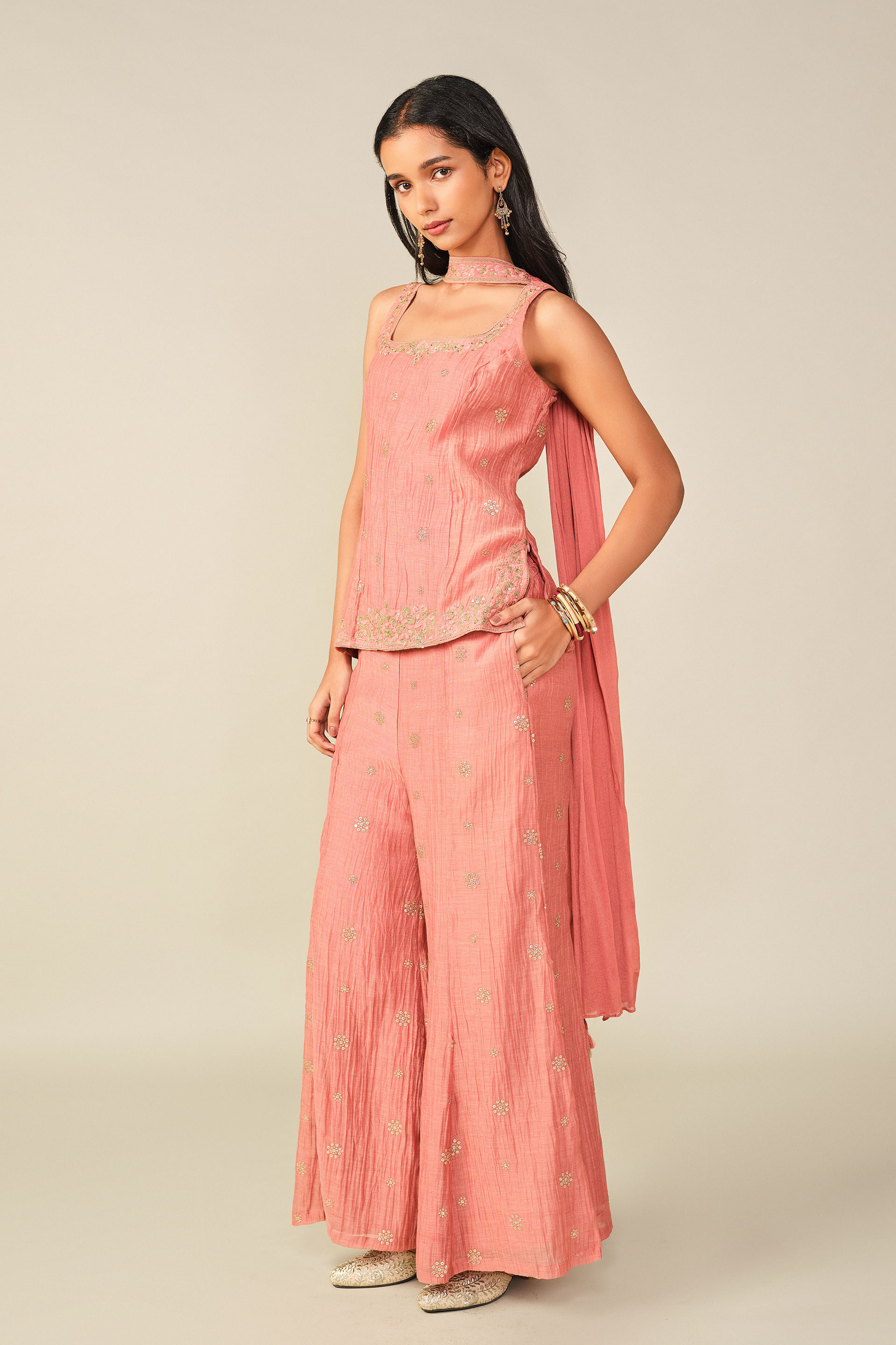 Fitted Embroidered Palazzo Set in Salmon, Pink, image 4